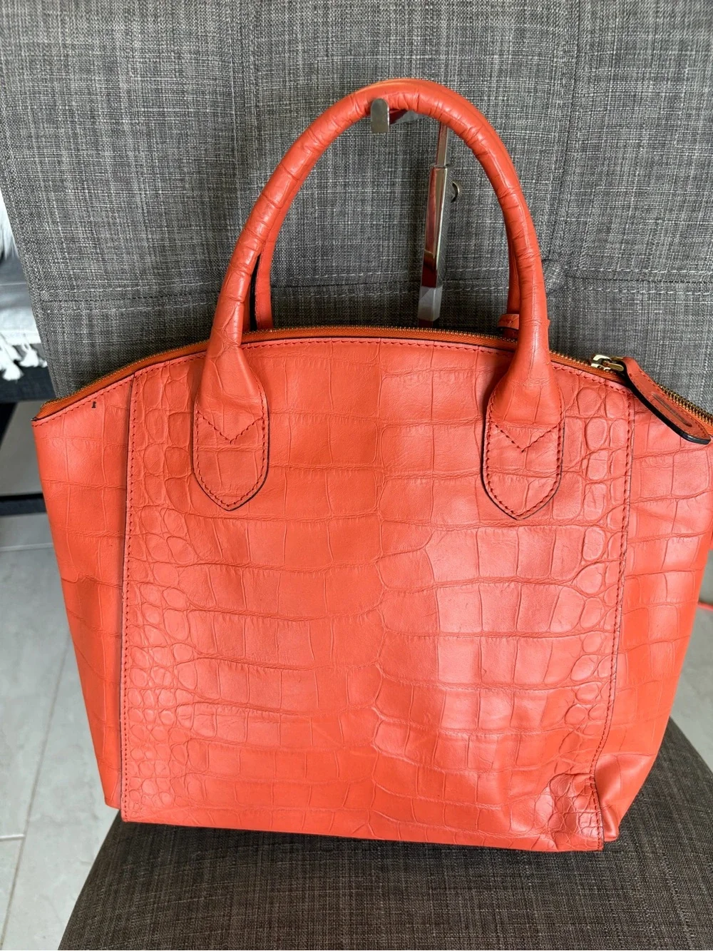 Mcm Orange Croc-Embossed Leather Tote Bag